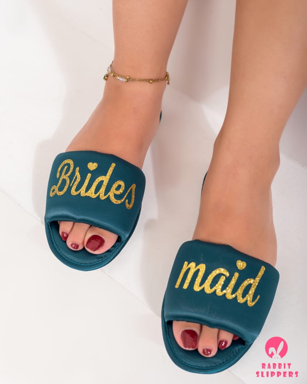 Luxury Green satin slippers –Gold Bridesmaid Cozy & Comfort slides