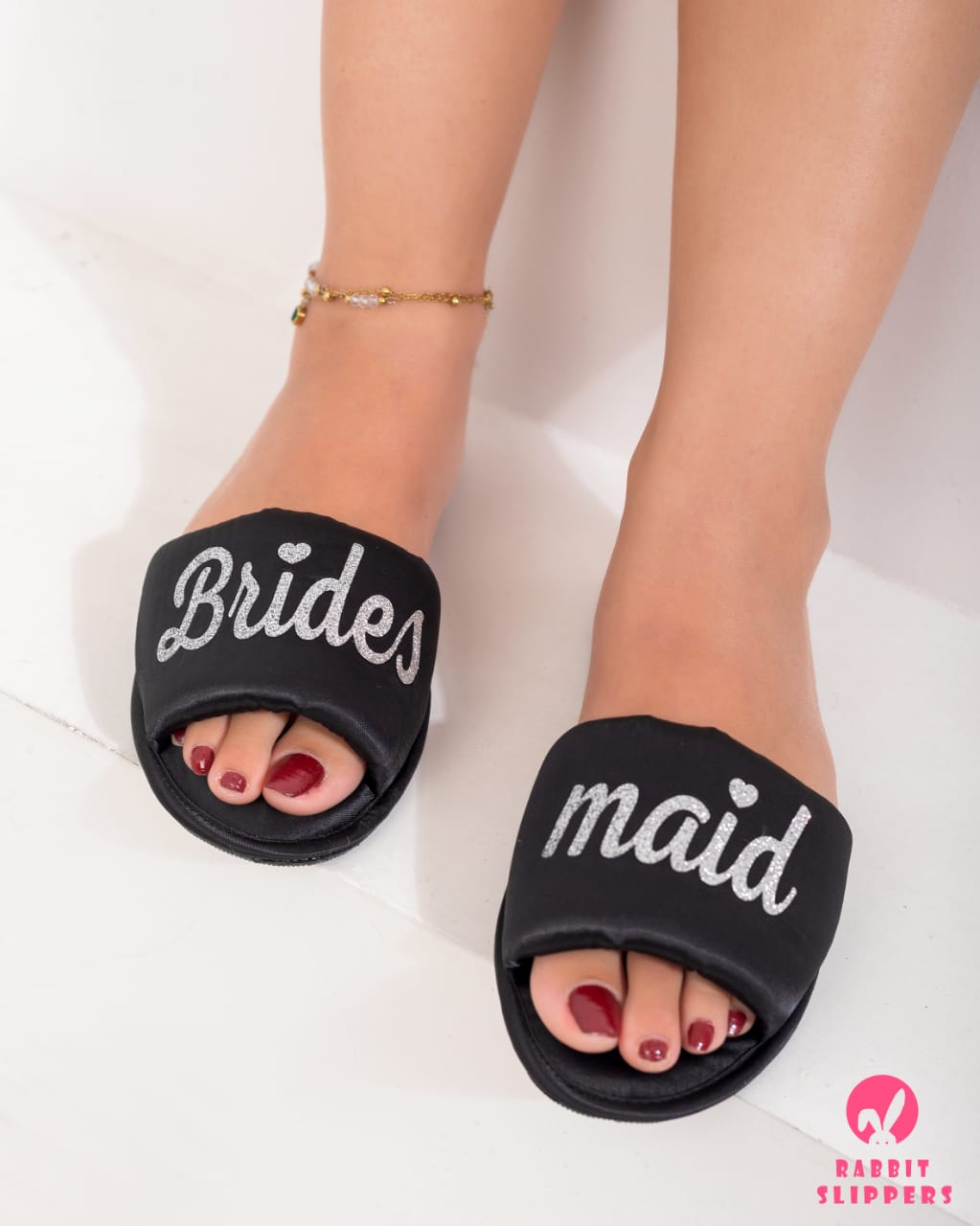 Luxury Black satin slippers –Silver Bridesmaid Cozy & Comfort slides
