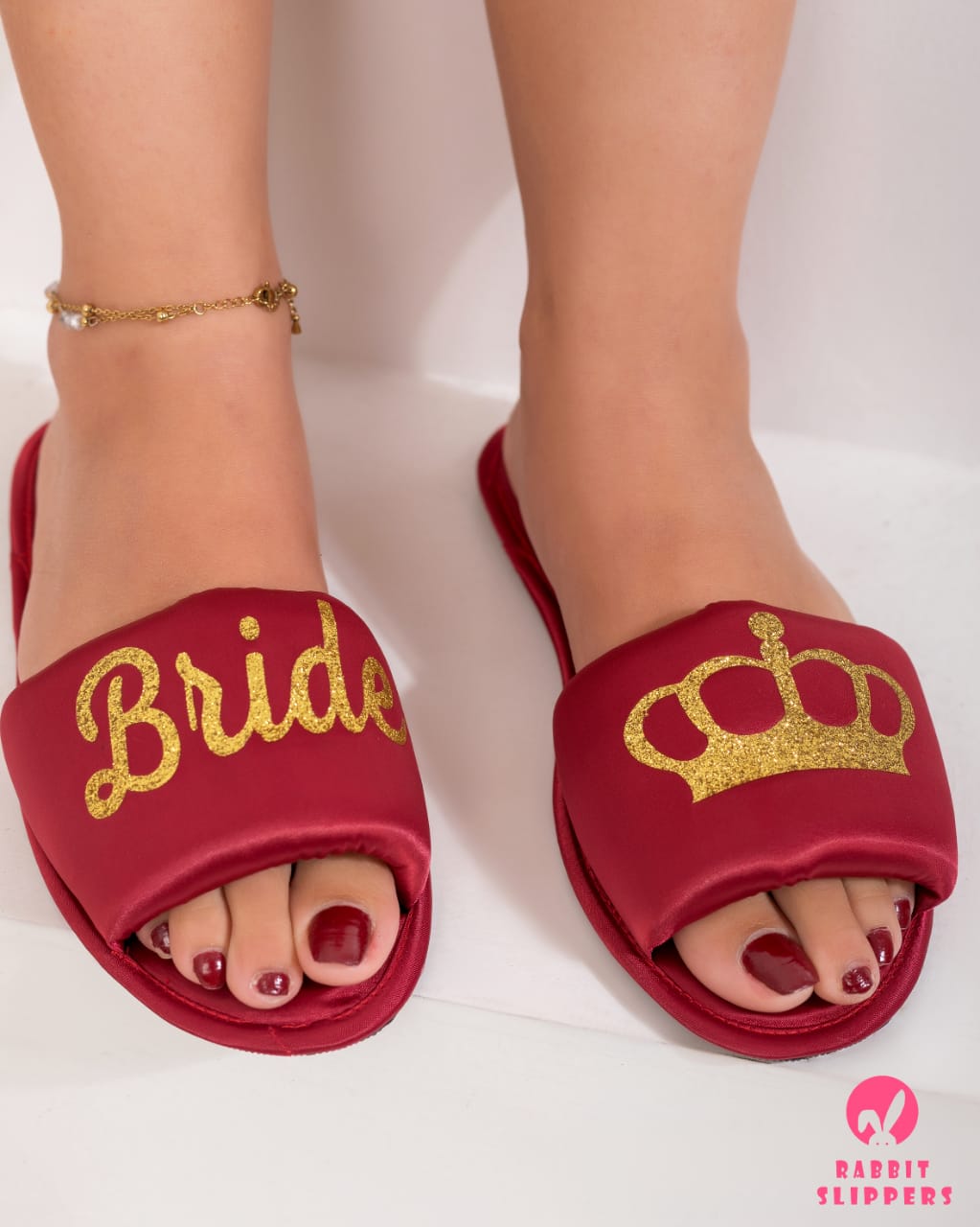 Luxury Red satin slippers – Gold Glitter crown Comfort slides