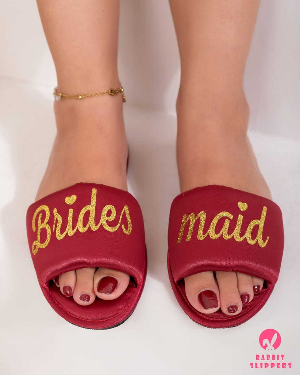 Luxury Red satin slippers –Gold Bridesmaid Cozy & Comfort slides