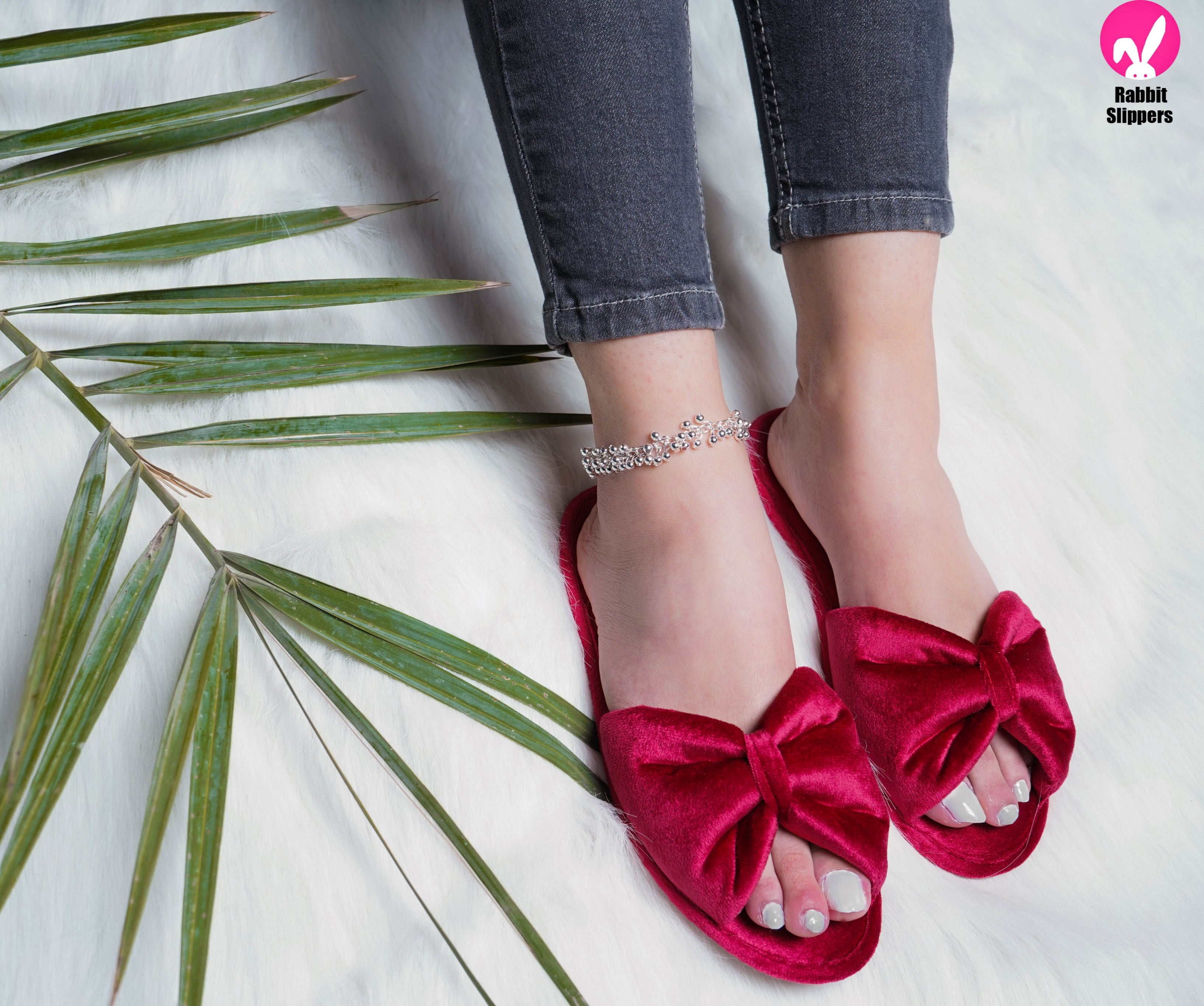 Soft Velvet Bow Slippers – Red