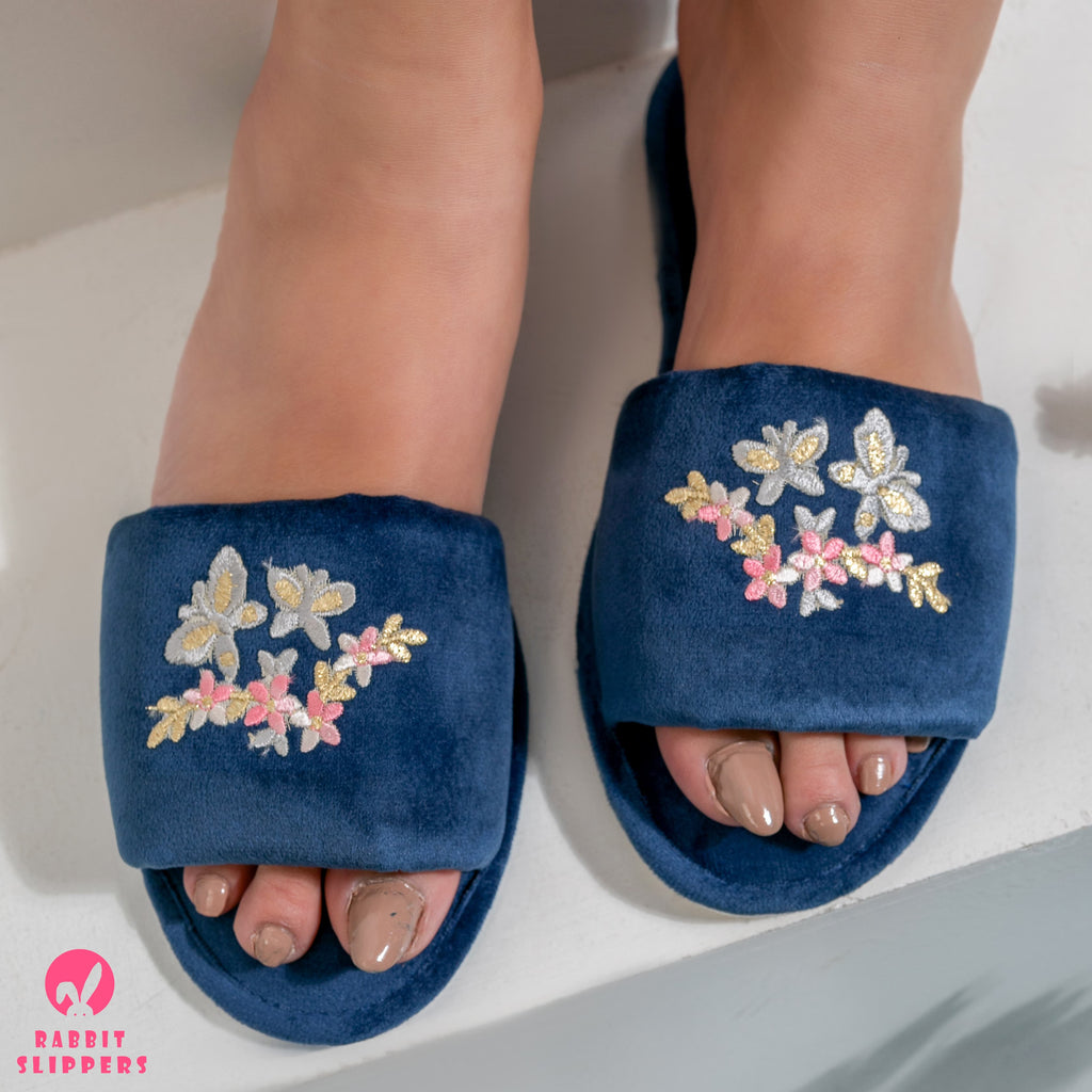 Embroidered Velvet Slippers – Navy