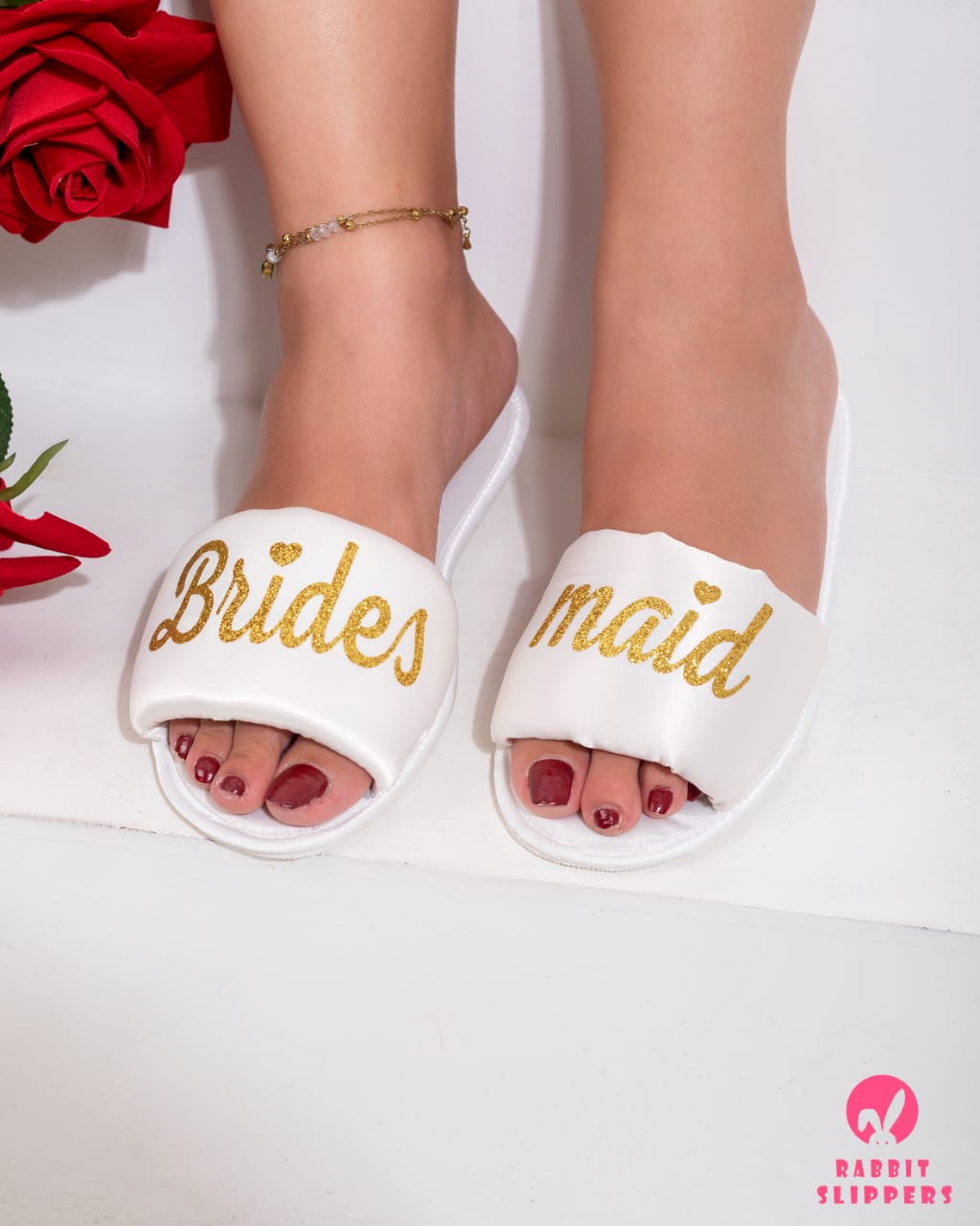 Bridesmaid White Slides – Gold Glitter Bridal Comfort