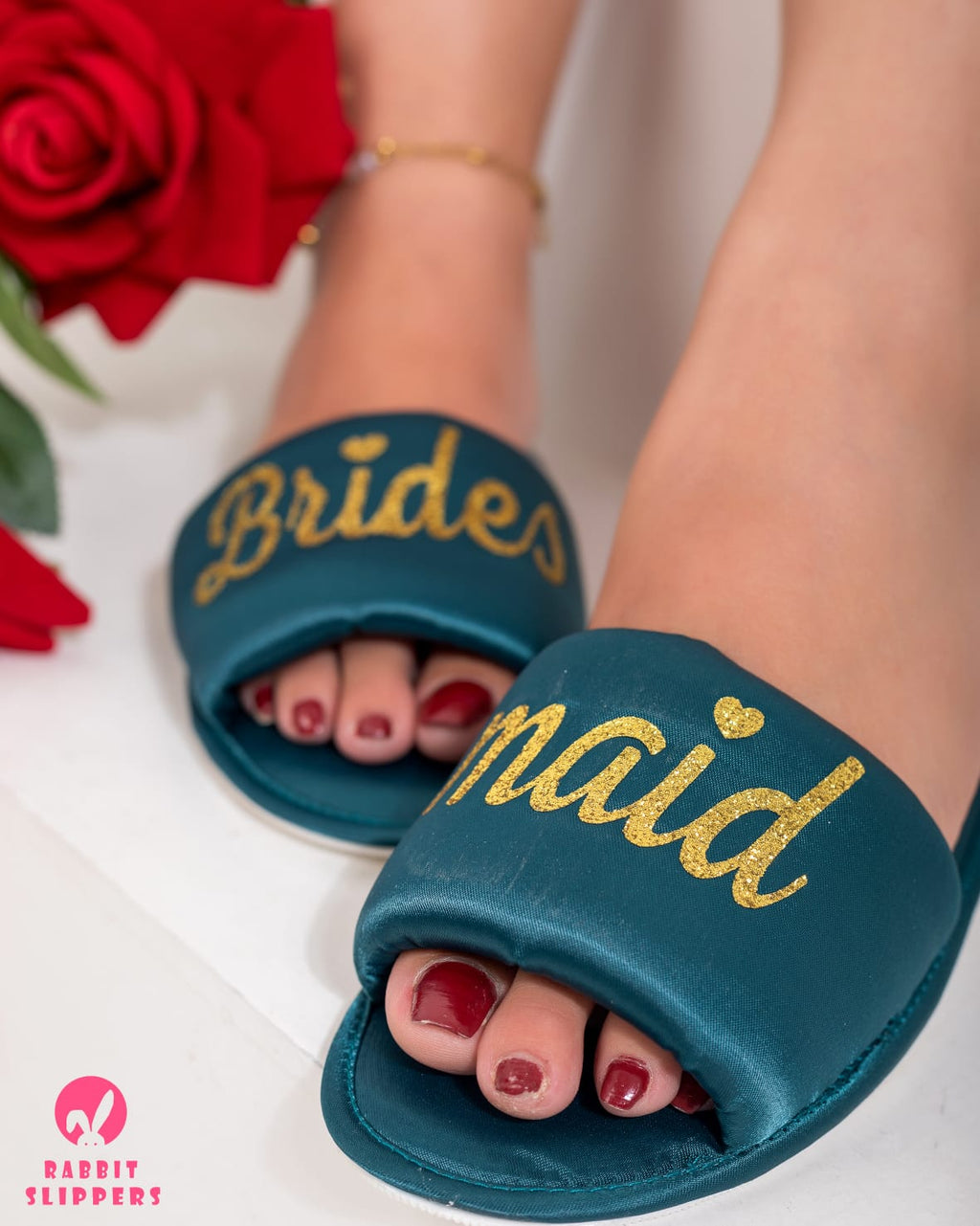 Luxury Green satin slippers –Gold Bridesmaid Cozy & Comfort slides