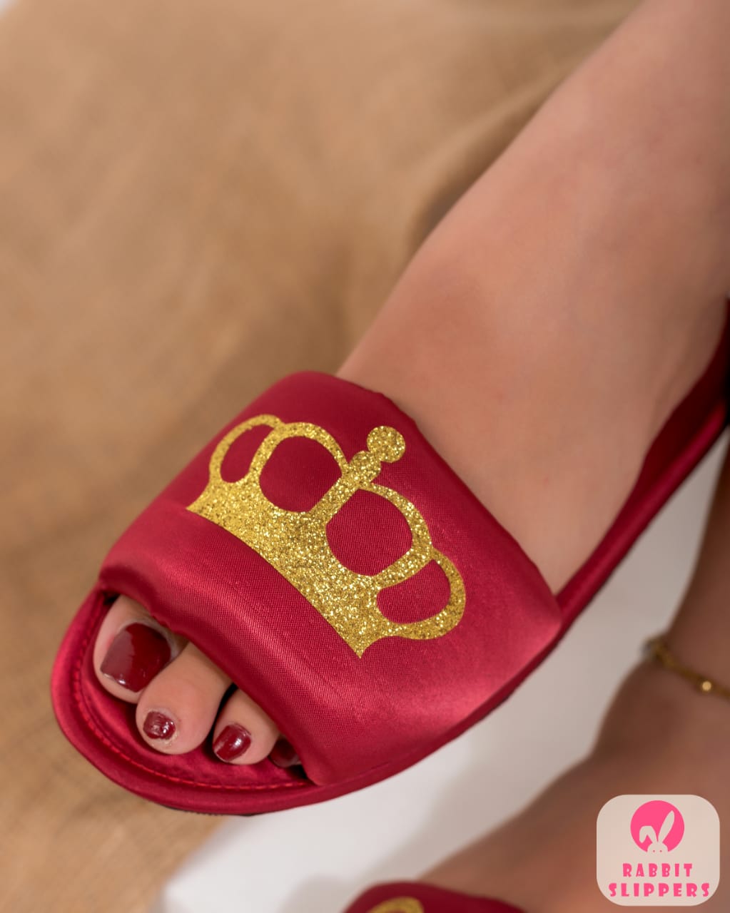 Luxury Red satin slippers – Gold Glitter crown Comfort slides
