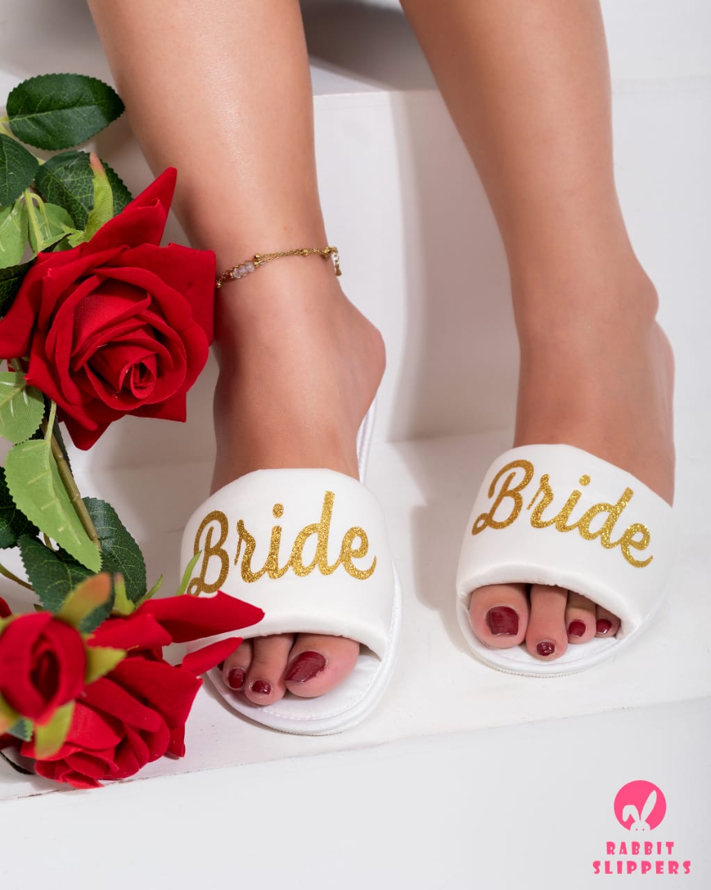 Luxury white satin slippers – Gold Glitter Bridal Comfort slides