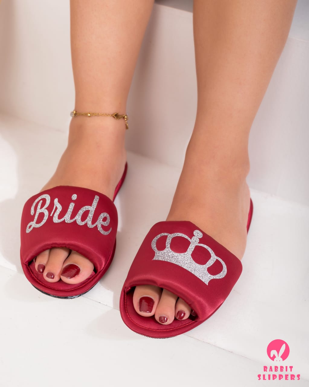 Luxury Red satin slippers – Silver Glitter crown Comfort slides