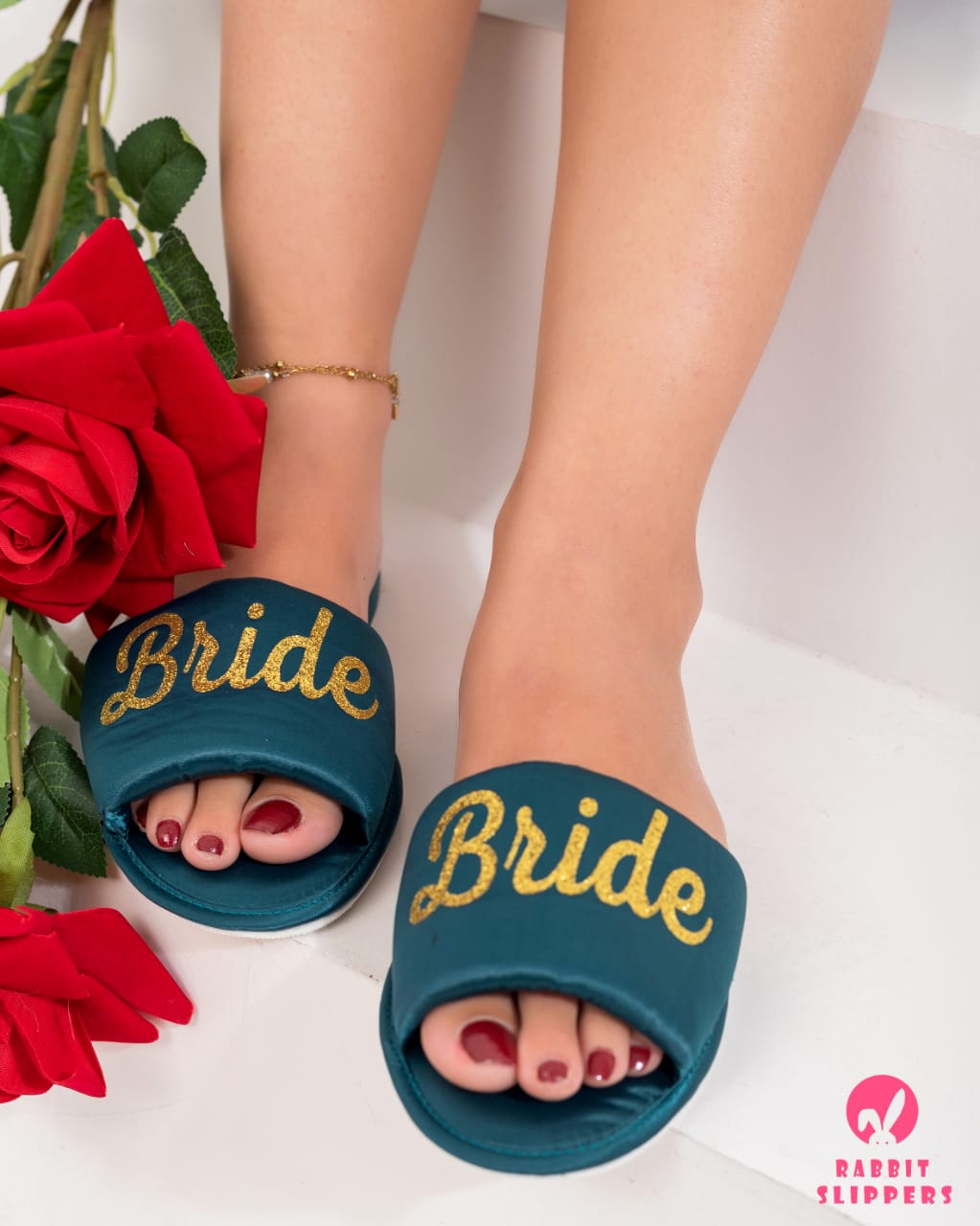 Luxury Green satin slippers – Gold Glitter Bridal Comfort slides