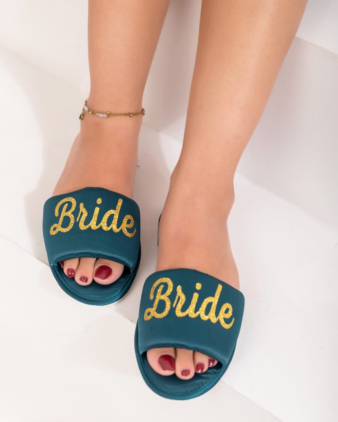 Luxury Green satin slippers – Gold Glitter Bridal Comfort slides
