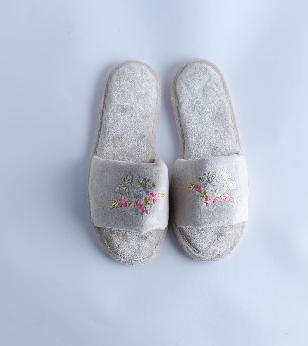 Embroidered Velvet Slippers – White