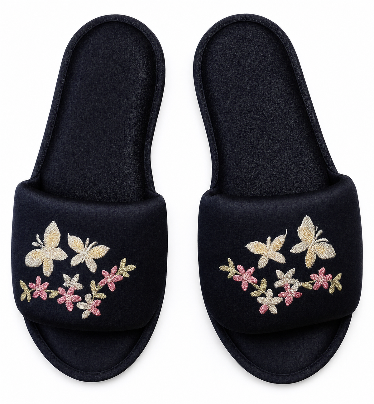 Embroidered Satin Black Slippers
